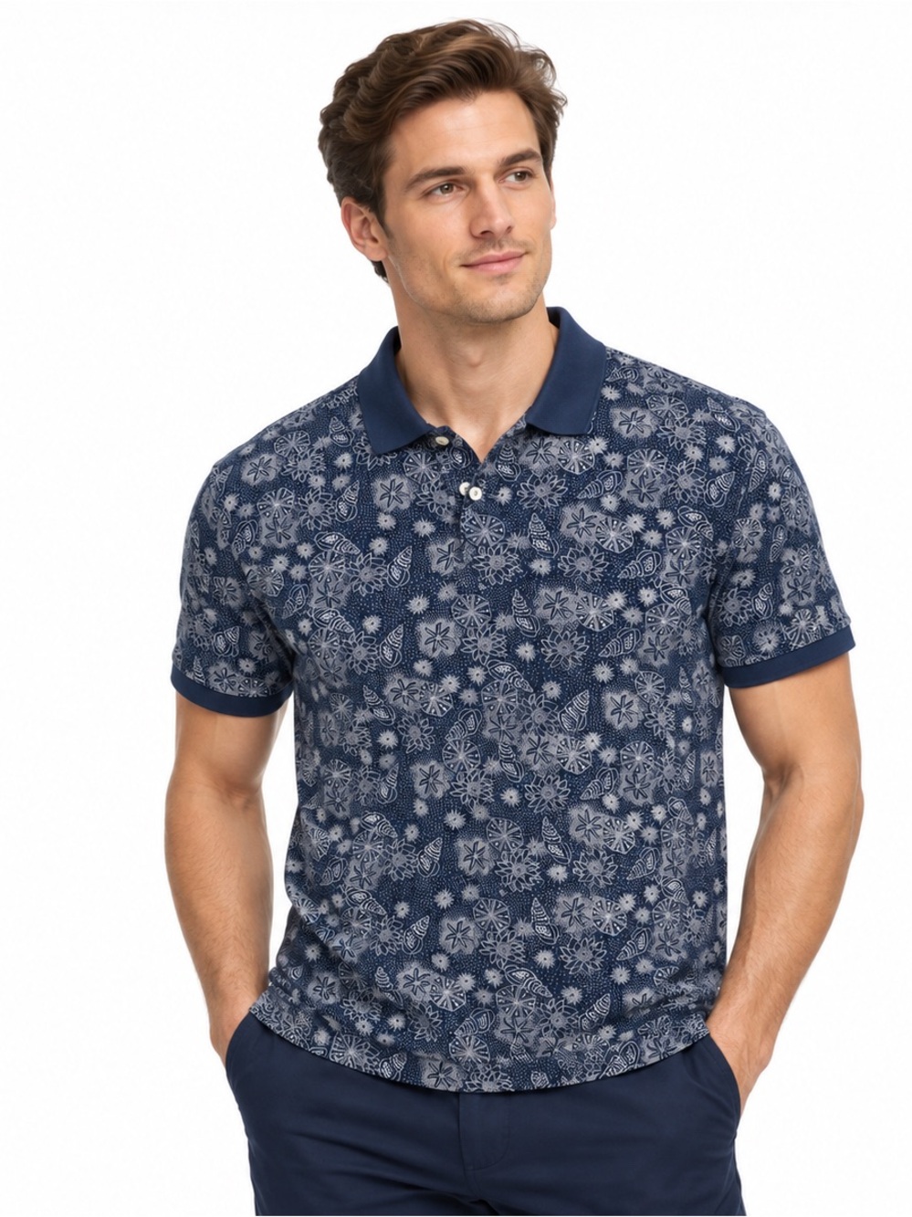 Brooks Brothers Mens L Slim Fit Blue White Coastal Print Polo Resort Preppy